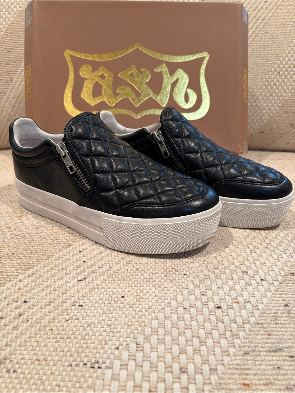 Ash Black Quilted Leather Slip-On Sneakers with White Platform